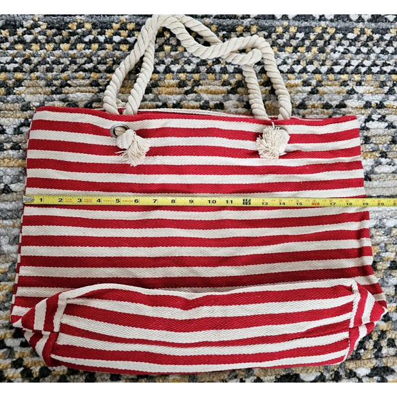 Weekender Beach Red Cream Striped Tote Bag Rope Handle 19in x 14.5in Nautical - Picture 8 of 10